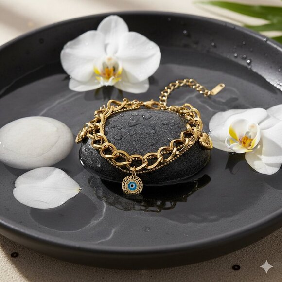 Double Chain 18K Gold Plated Stainless Steel Bracelet with Heart Evil Eye - Picture 6 of 12